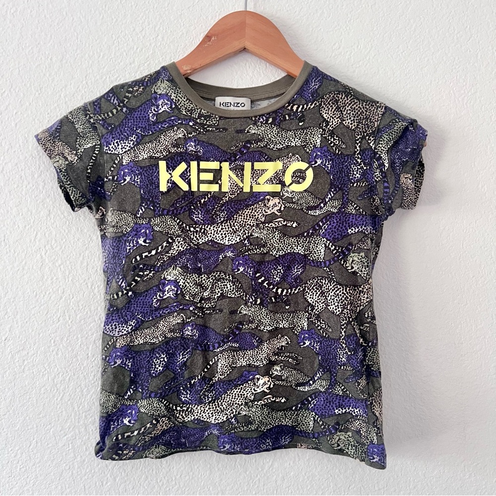 Kenzo Kids Green and Purple Cheetah Logo T-Shirt Sz 6Y